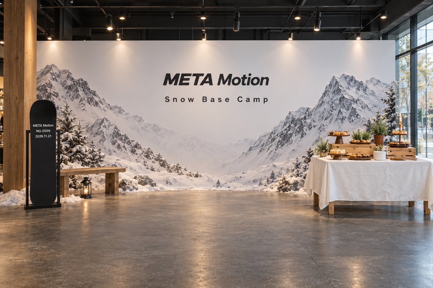 雪山主背板、紀念雪板與暖光木質空間的 Snow Base Camp AI 概念示意